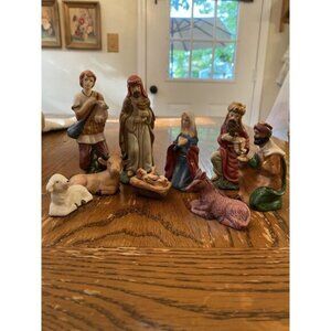 Vintage Hand-Painted Ceramic Nativity Set 9-Piece With Mary Joseph Baby Jesus Wi